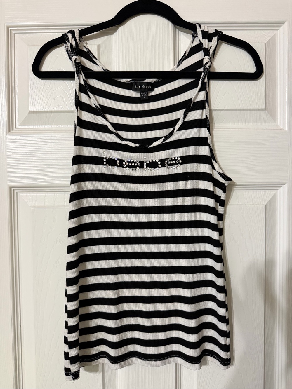bebe Black & White Striped Tank with Rhinestone Logo
